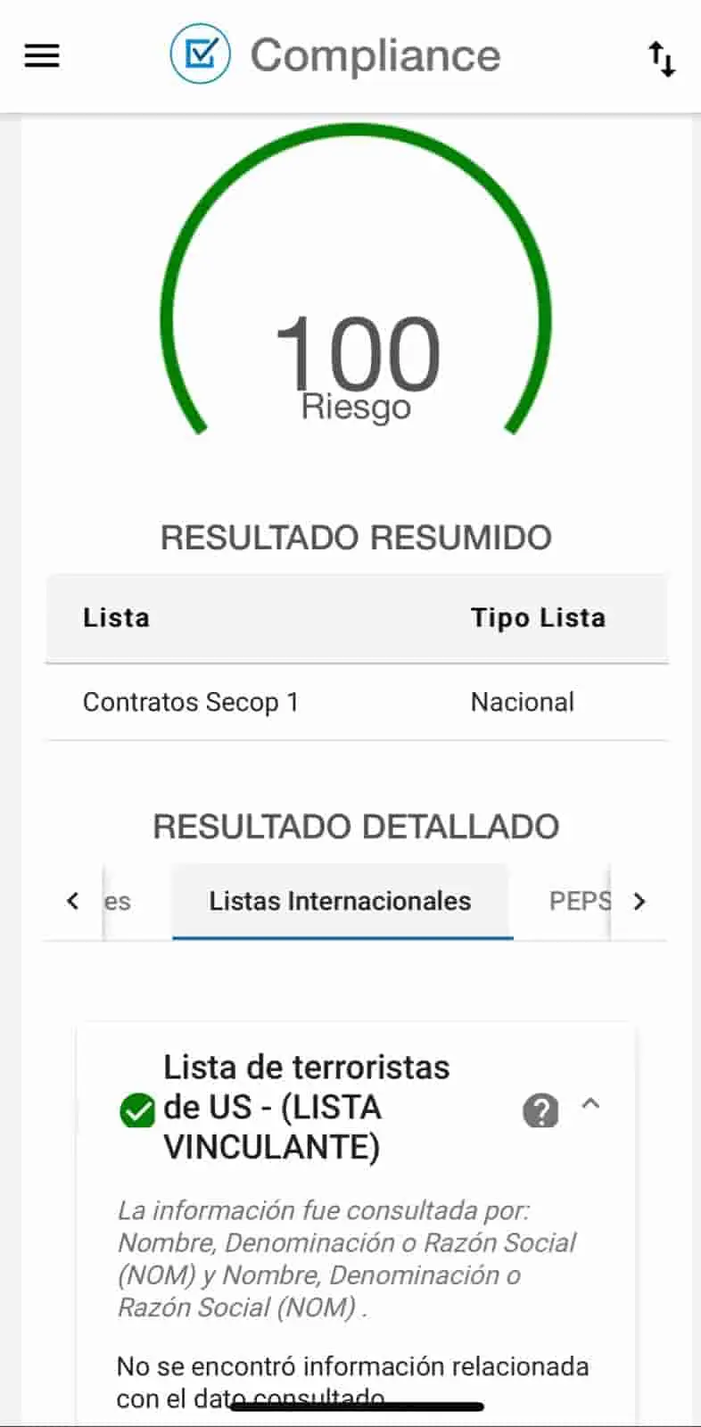 Panel de Compliance con el resultado de una consulta en listas restrictivas.